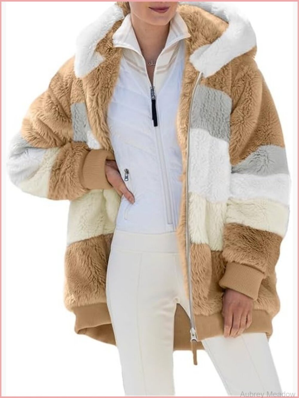 Fuzzy Fleece Jacket Hooded Color Block Patchwork Cardigan Coat with Pockets